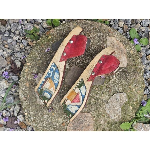 1940's Vintage Hand Carved And Hand Painted Wooden Wedges Size 8.5 Women's. - Picture 4 of 14